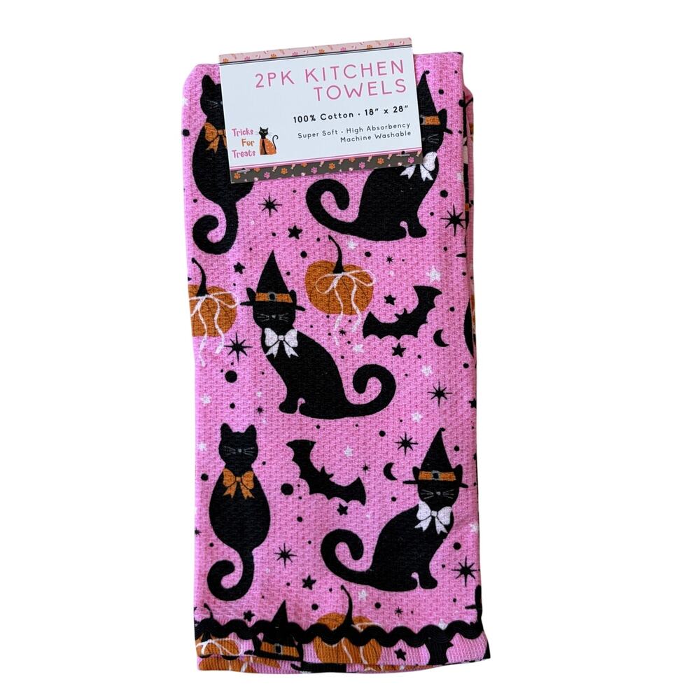 2pk Pink Halloween Kitchen Towels Cotton Black Cat Witch Hat